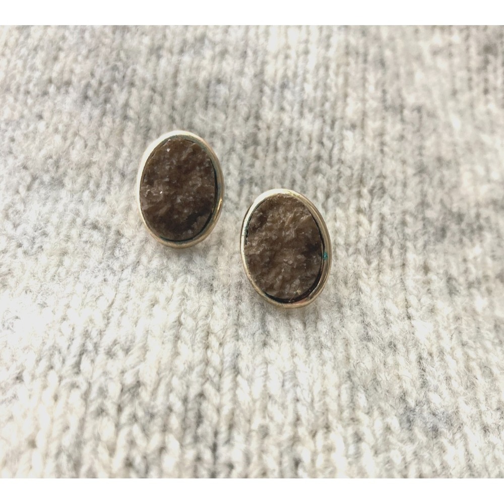 Druzy‎ Crystal Stud Earrings Oval Bezel Set Boho Earthy Natural Textured Raw